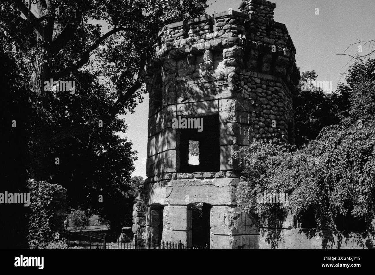 Exterior view of one of the stone towers at Bancroft Castle in Groton