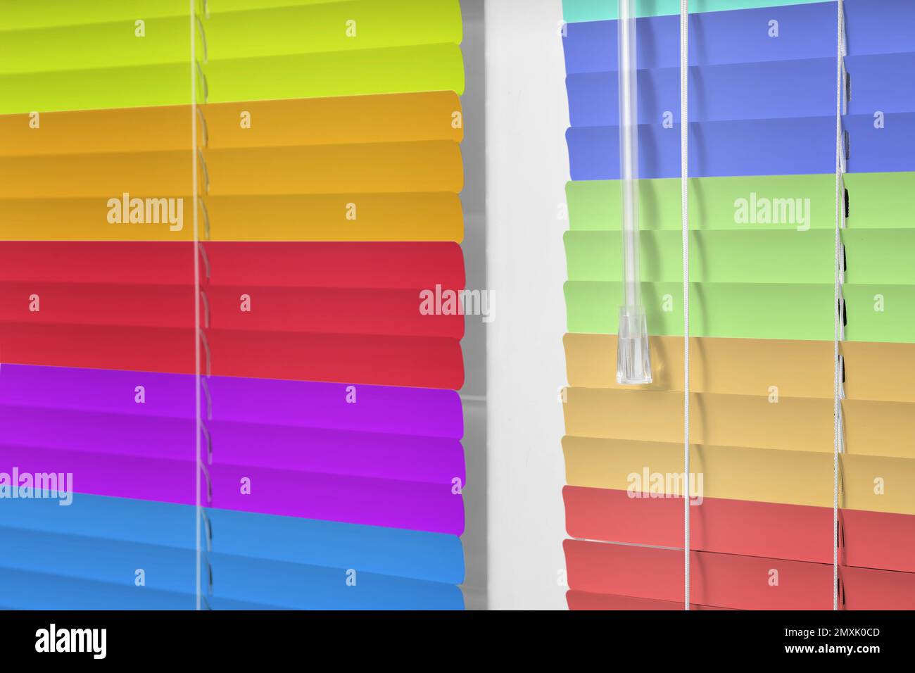 Closed multicolor window blinds as background, closeup view Stock Photo