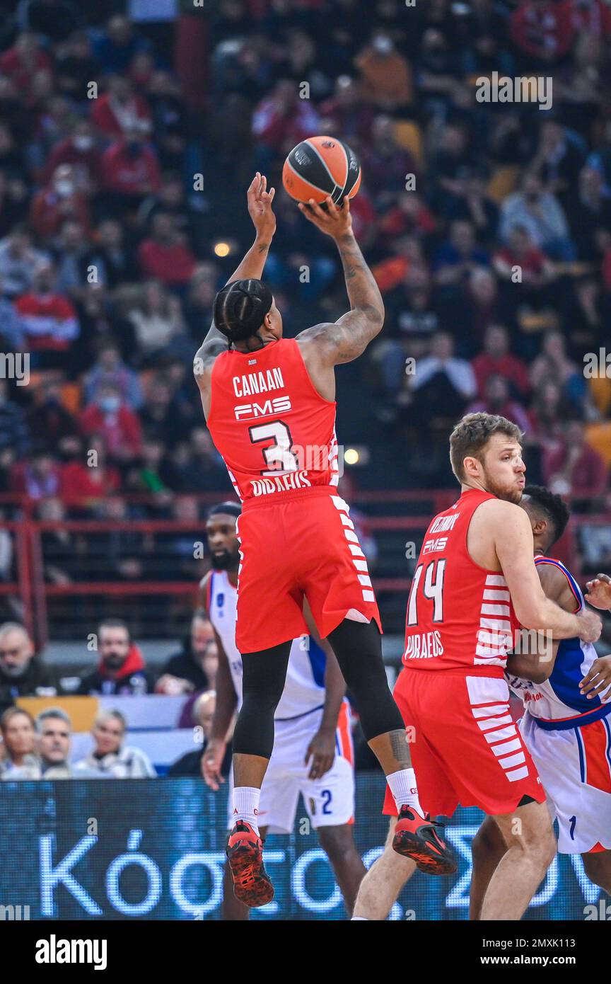 3 ISAIAH CANAAN of Olympiacos Piraeus during the Euroleague, Round 23, match between Olympiacos Piraeus and Anadolu Efes at Peace and Friendship Stadi Stock Photo