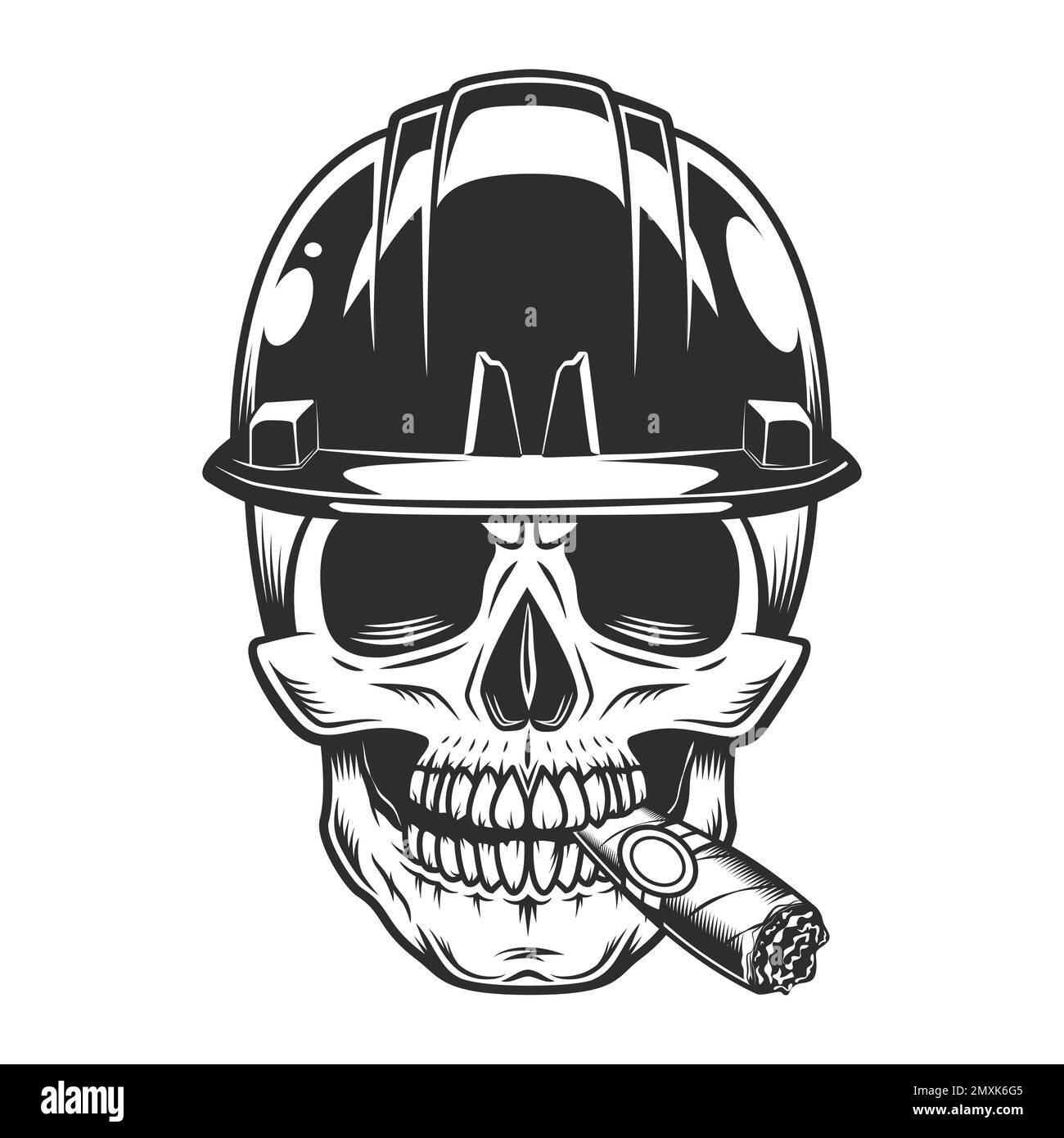 Builder skull smoking cigar or cigarette smoke in hard hat from business new construction and remodeling house in vintage monohrome style illustration Stock Vector