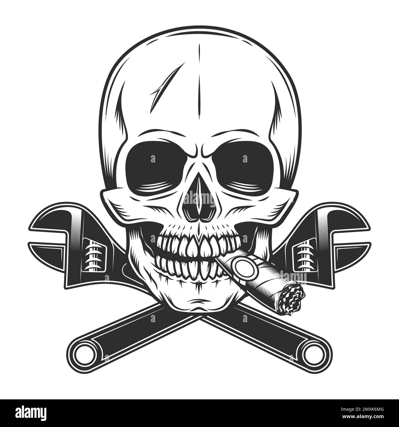 Skull  smoking cigar or cigarette smoke with wrench tools in monochrome illustration style vector icon. Construction spanner plumbing key tool isolate Stock Vector