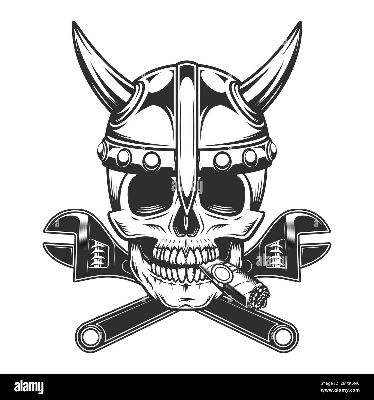 Skull  skull smoking cigar or cigarette smoke with viking helmet and crossed wrench business builder from new construction and remodeling house illust Stock Vector