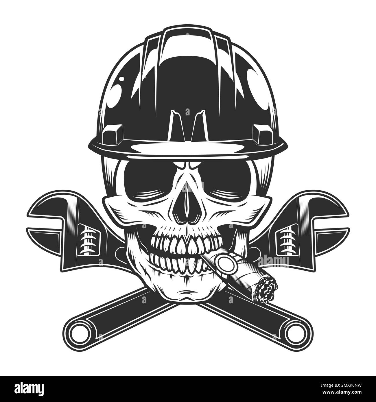 Builder skull skull smoking cigar or cigarette smoke in hard hat with crossed plumbing wrench from business new construction and remodeling house vint Stock Vector