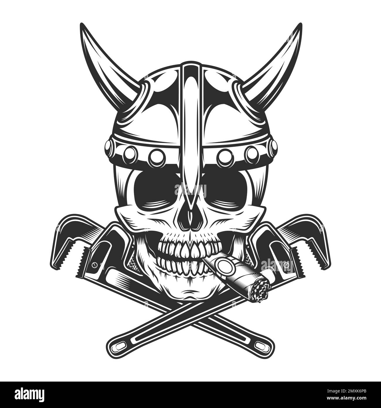 Skull smoking cigar or cigarette smoke with viking helmet and crossed adjustable wrench business builder from new construction and remodeling house il Stock Vector