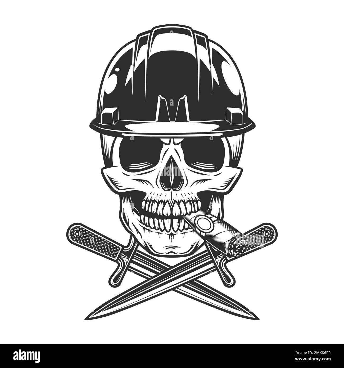 New construction builder skull smoking cigar or cigarette smoke with crossed knife, hard hat business business remodeling house vintage style illustra Stock Vector