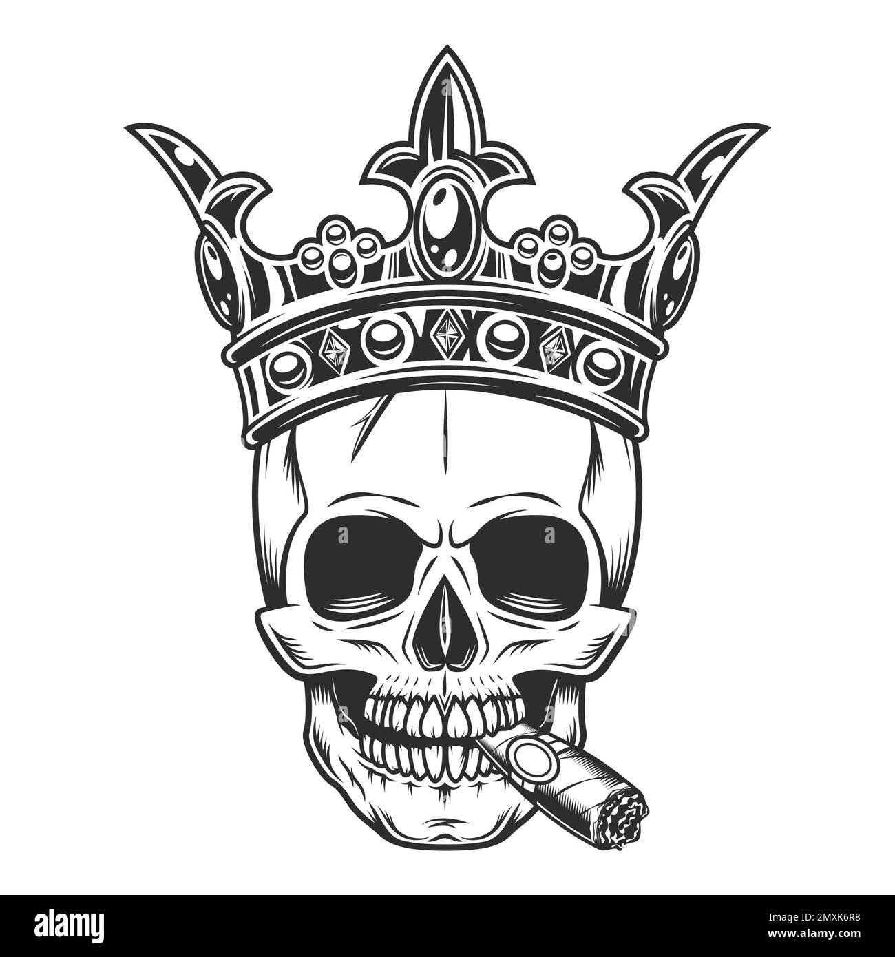 Skull smoking cigar or cigarette smoke in crown king monochrome illustration isolated on white background. Vintage crowning, elegant queen or king cro Stock Vector
