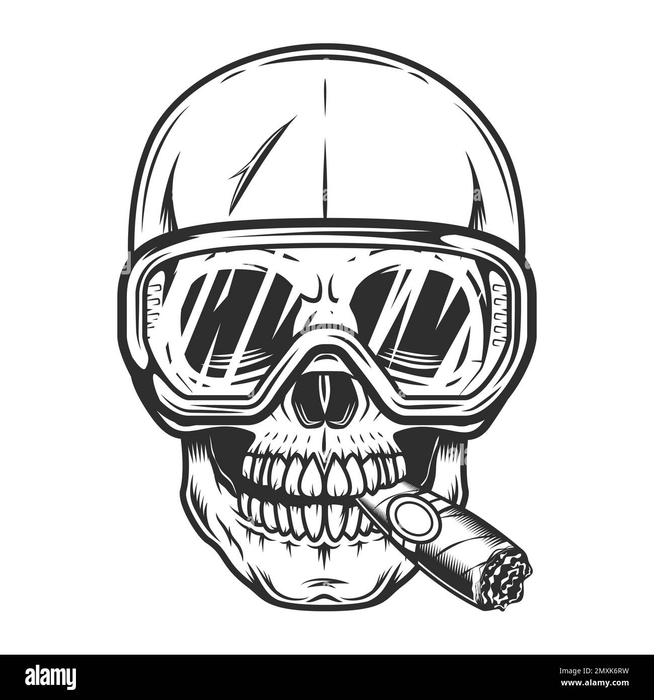 Construction worker skull builder smoking cigar or cigarette smoke in protective glasses in vintage monochrome style isolated vector illustration Stock Vector