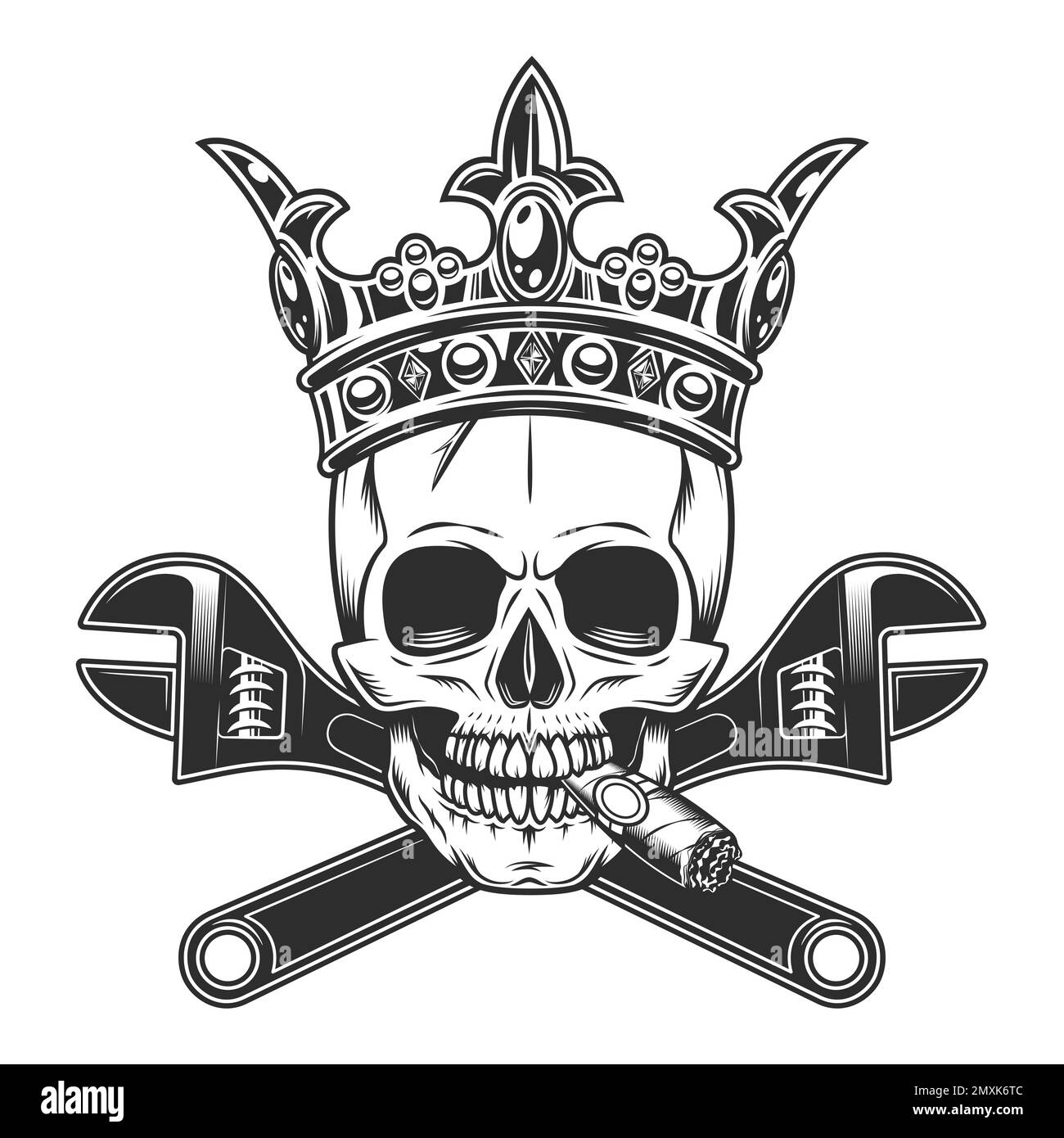 Skull smoking cigar or cigarette smoke with wrench tools and crown king in monochrome illustration style vector icon. Construction spanner plumbing ke Stock Vector