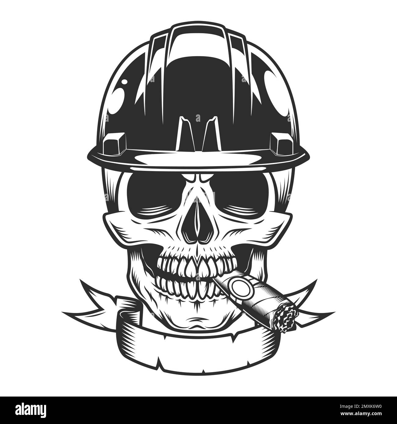 Builder skull smoking cigar or cigarette smoke in hard hat from business new construction and remodeling house with ribbon in vintage monohrome style Stock Vector