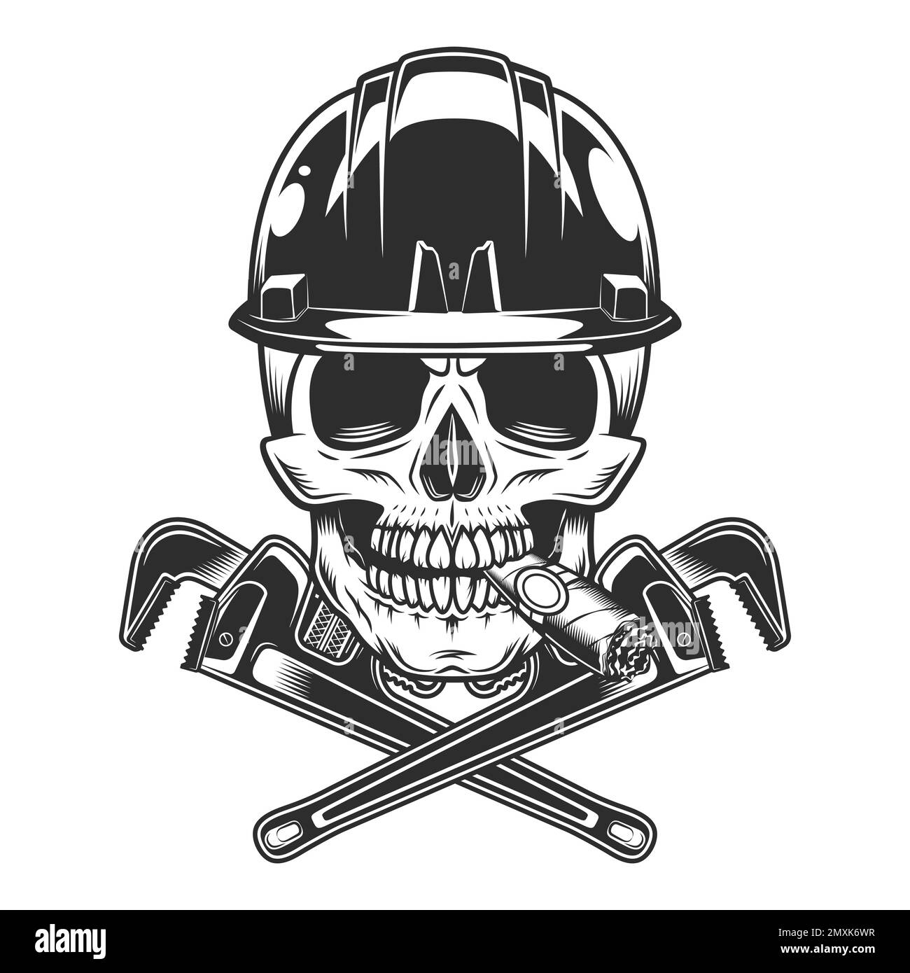 Vintage skull smoking cigar or cigarette smoke in hard hat with body shop mechanic spanner repair tool or construction wrench for gas and builder plum Stock Vector
