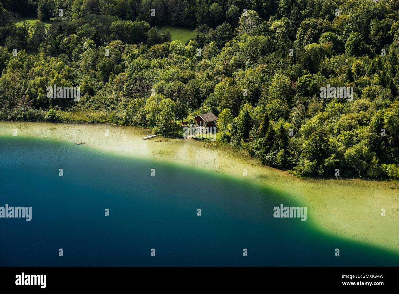 Lake Landscape, Lonely House on the Lake, Lac d Ilay, Champagnole, Jura ...