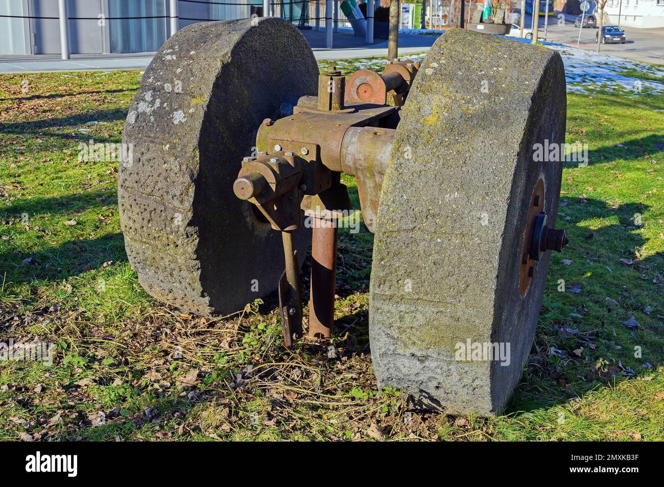 Millstones of an antique paper mill, Kempten, Allgäu, Bavaria, Germany, Europe Stock Photo