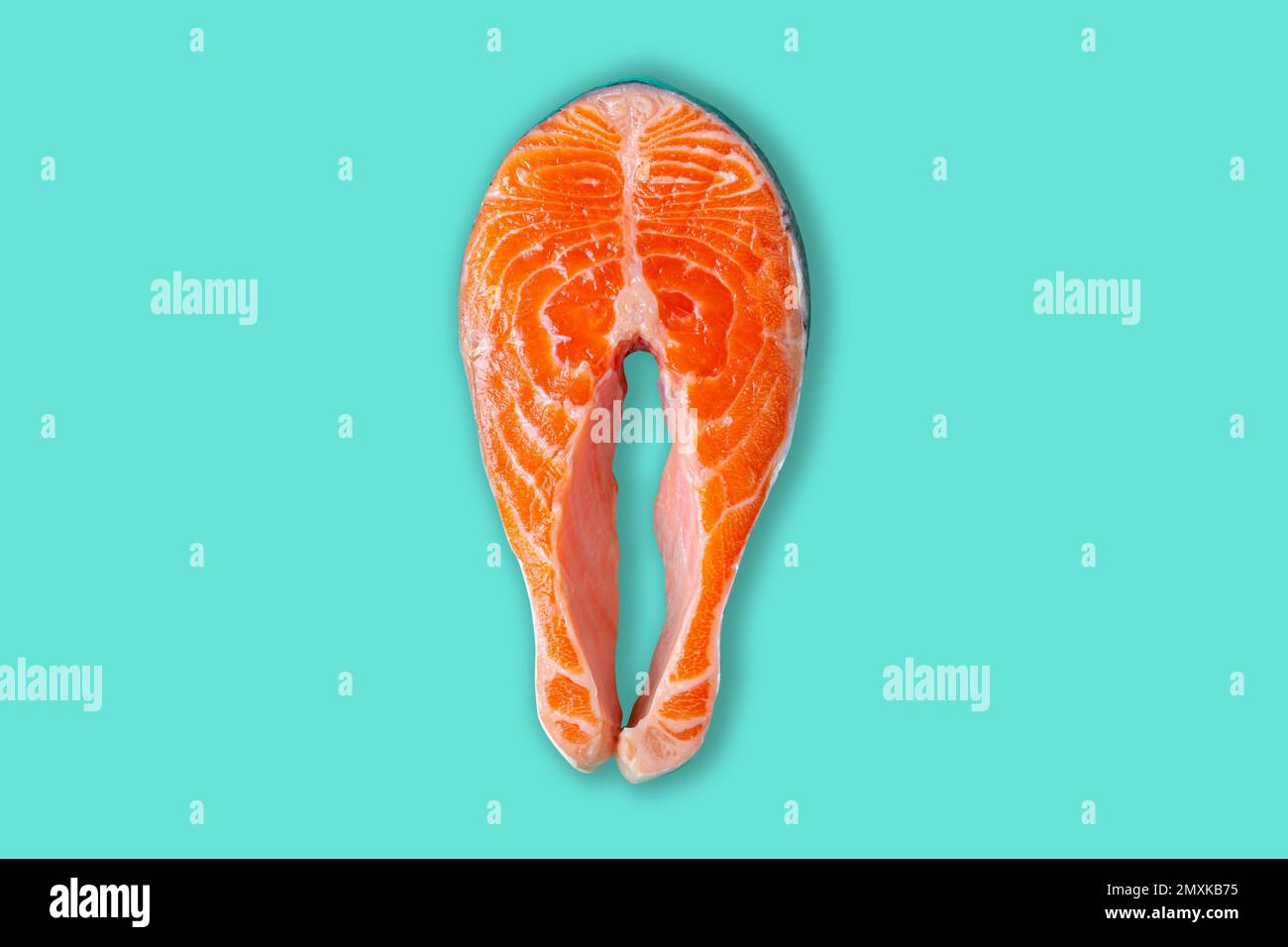 Raw fresh fish salmon steak top view on blue clean background from above, delicacy healthy fish eating and nutrition concept flat lay Stock Photo