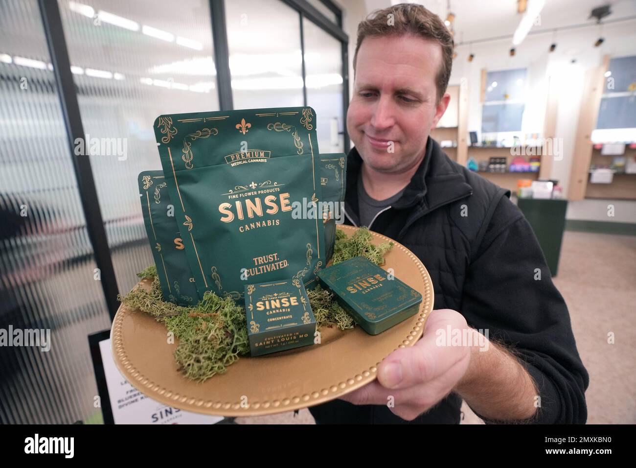 St. Louis, USA. 03rd Feb, 2023. Jason Nelson, Chief Executive Officer of Beleaf Medical, displays some of the cannabis he is selling on the first day of recreational cannabis sales in the State of Missouri at his facility in St. Louis on Friday, February 3, 2023. Missouri cleared nearly 200 dispensaries to sell recreational marijuana while medical marijuana has been legal in the state since 2018. Photo by Bill Greenblatt/UPI Credit: UPI/Alamy Live News Stock Photo