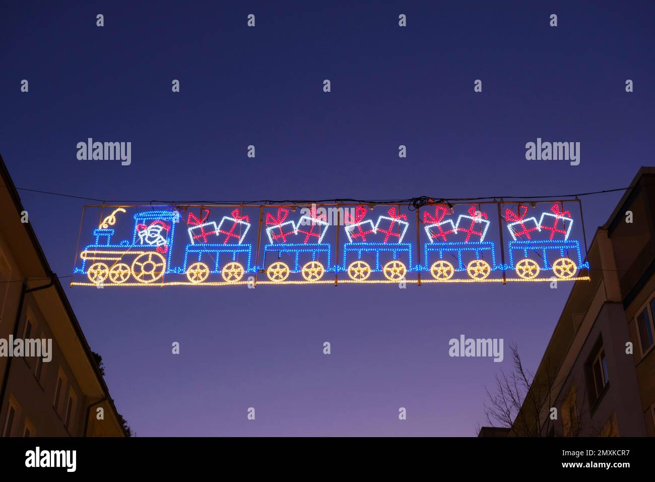 Garland of lights with railway at the Christmas market, Hagen, Ruhr area, North Rhine-Westphalia, Germany, Europe Stock Photo