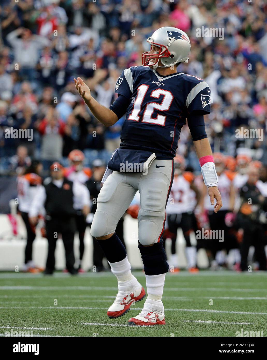 Tampa Bay Buccaneers quarterback Tom Brady signals for a touchdown