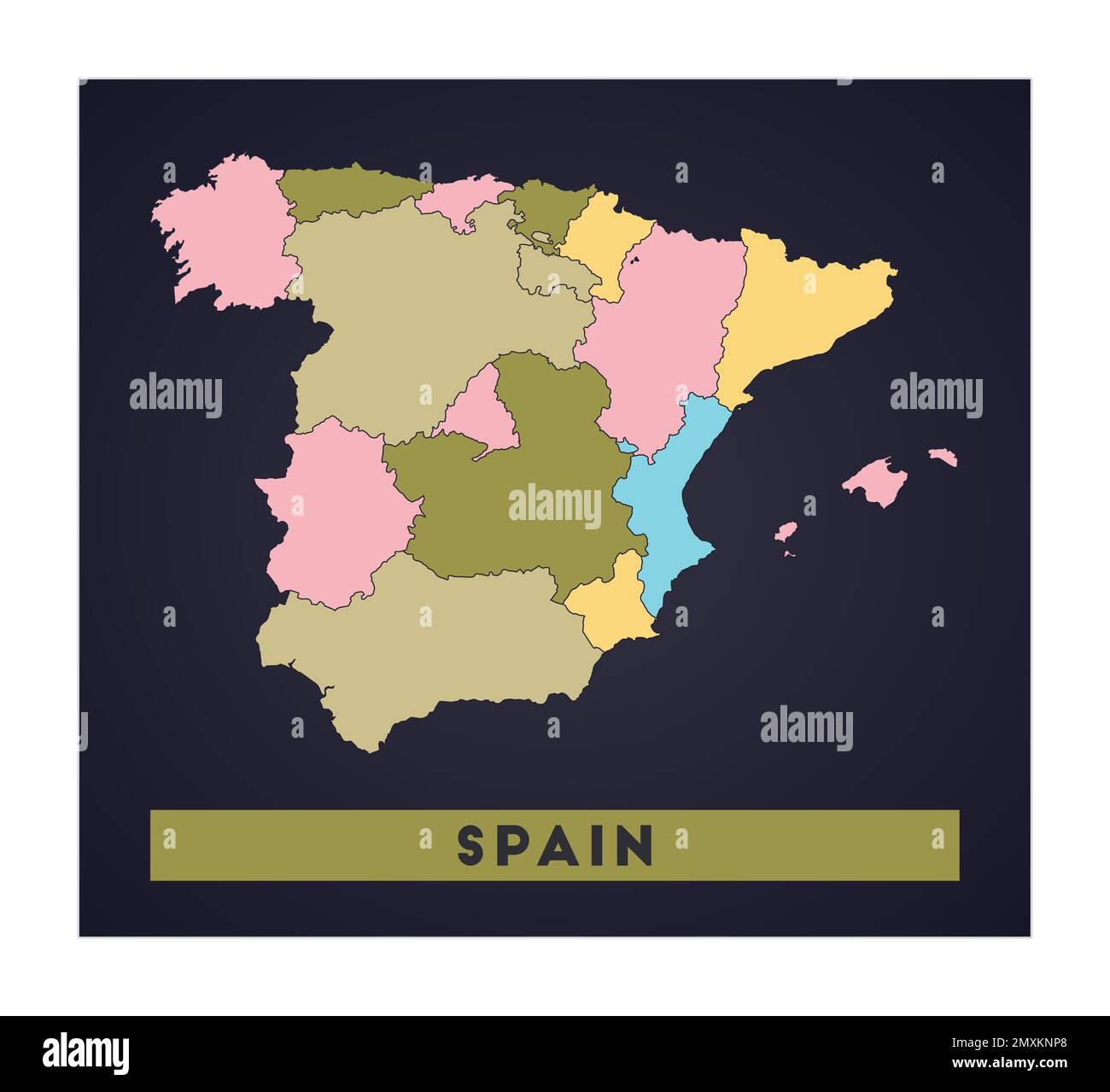 Spain map. Country poster with regions. Shape of Spain with country name. Attractive vector illustration. Stock Vector