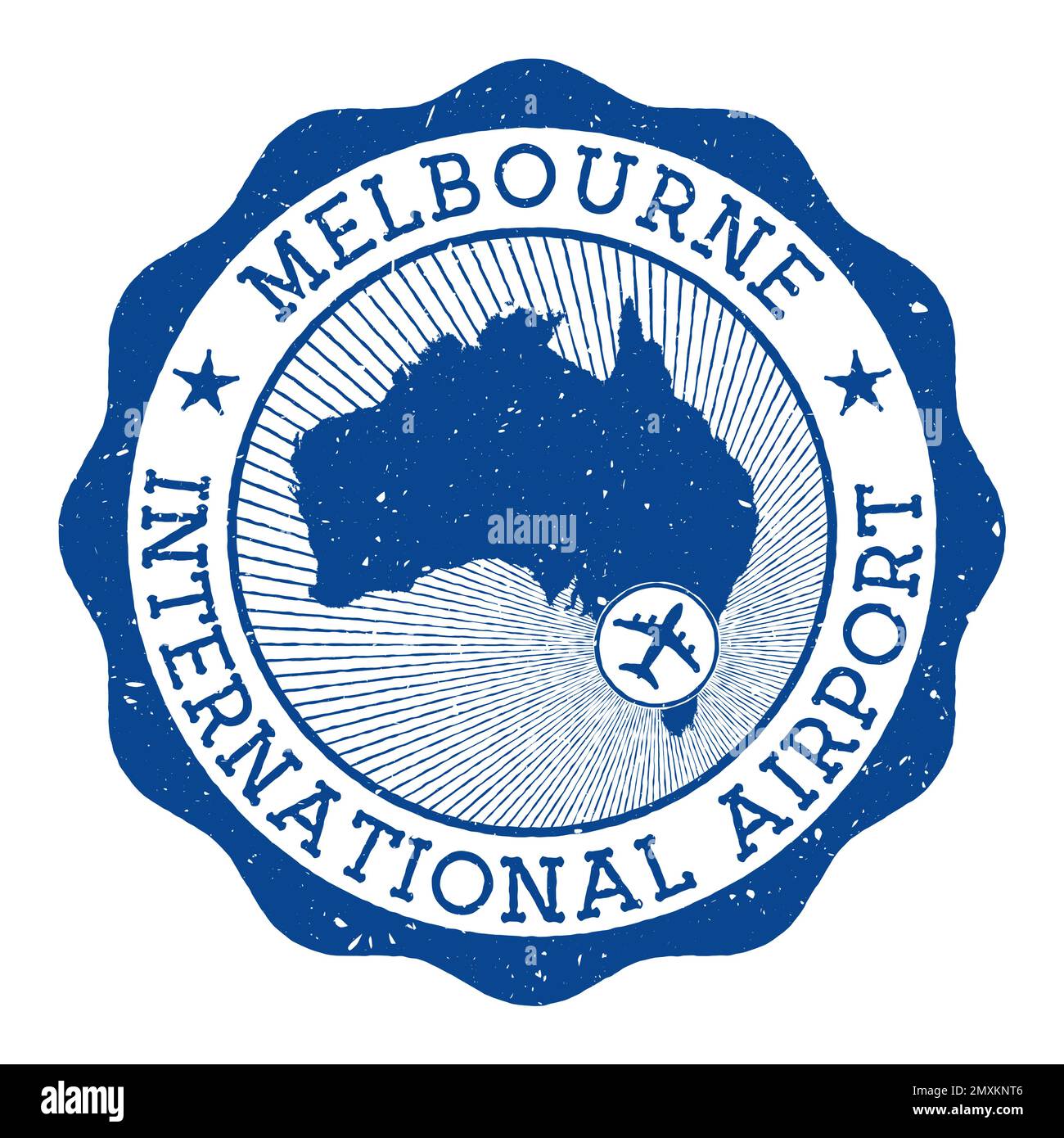 Melbourne International Airport stamp. Airport of Melbourne round logo with location on Australia map marked by airplane. Vector illustration. Stock Vector