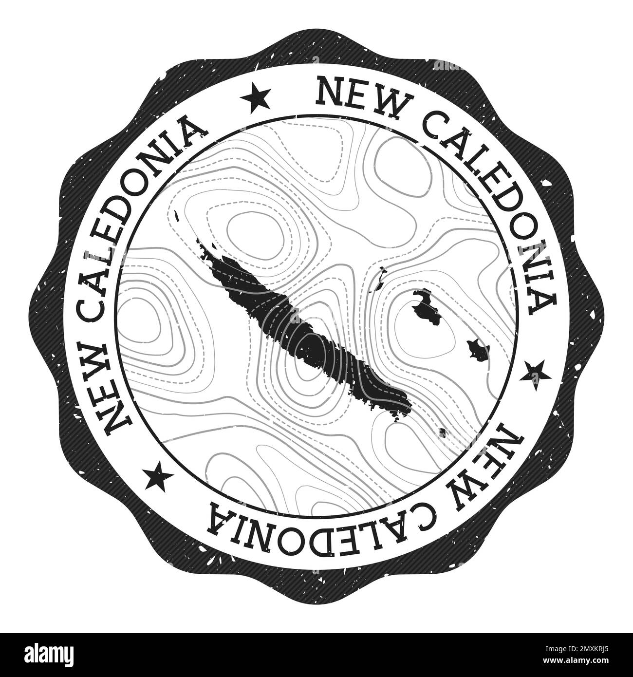 New Caledonia outdoor stamp. Round sticker with map of country with