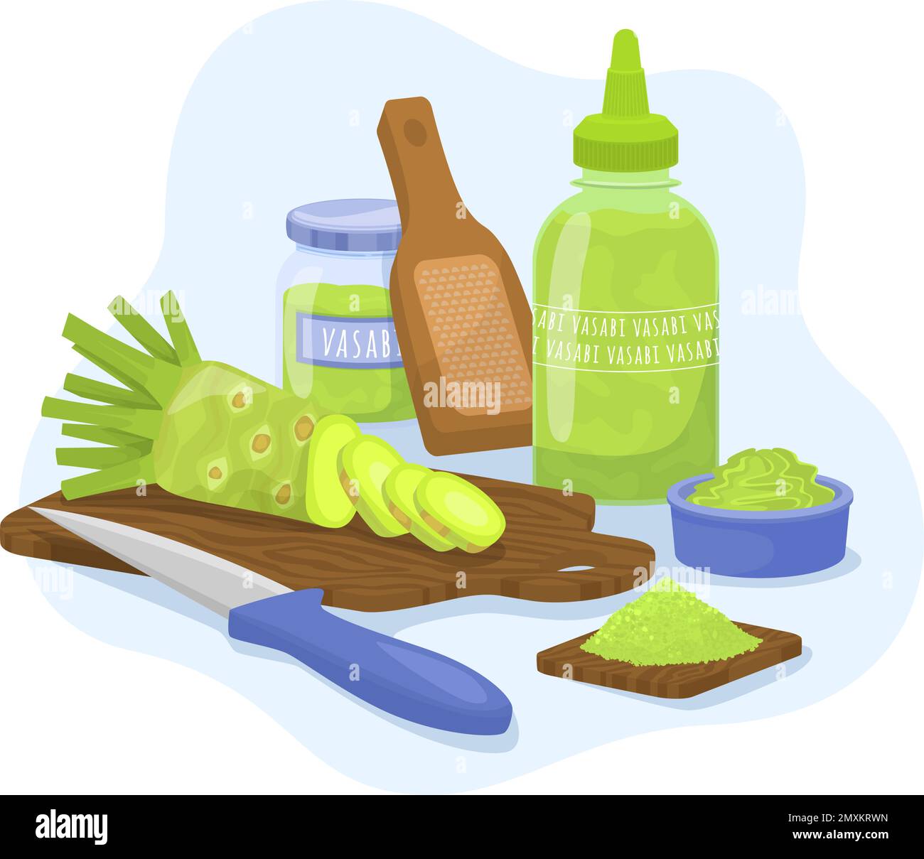 Wasabi sauce flat composition with kitchen utensils carving board knife and cut root with powder bottles vector illustration Stock Vector