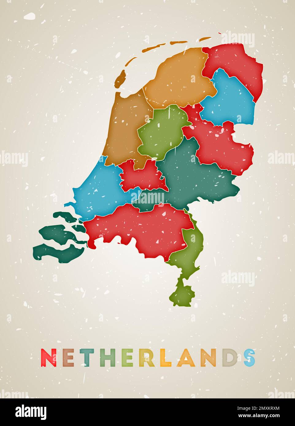Netherlands map. Country poster with colored regions. Old grunge