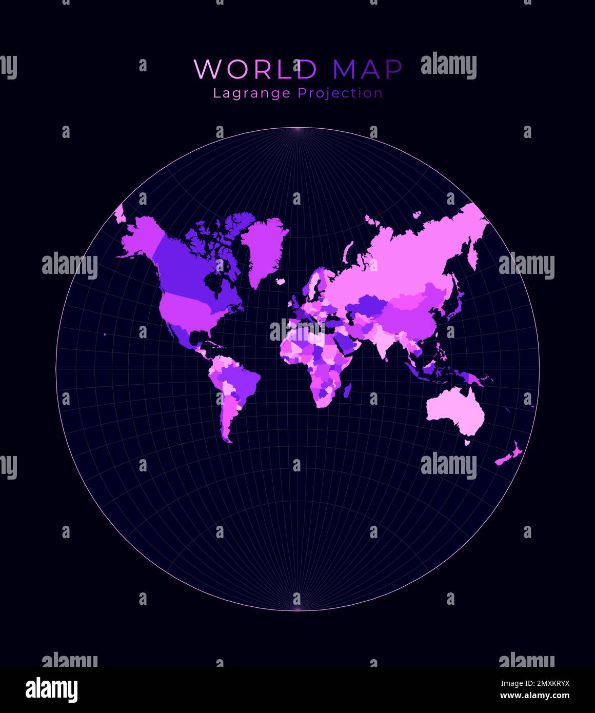 World Map Lagrange Conformal Projection Digital World Illustration Bright Pink Neon Colors On