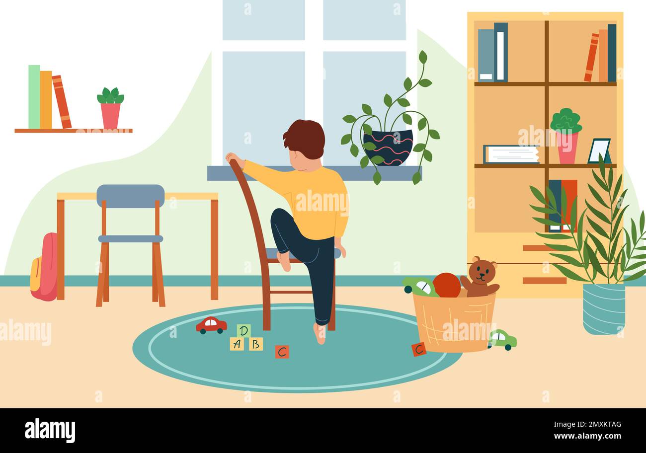Children safety flat background with little boy without supervision trying to climb on windowsill vector illustration Stock Vector