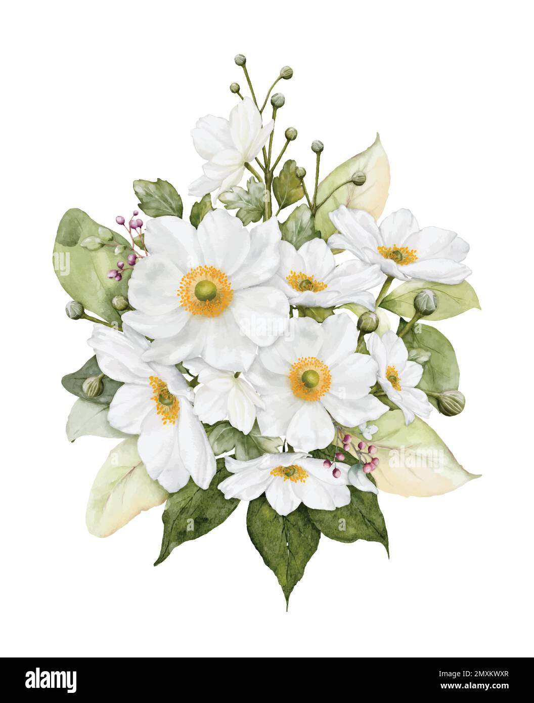 Watercolor arrangement with white flower blooming. Bouquet of anemones flowers and leaves suitable for wedding, Valentine's day, or greeting cards. Bo Stock Vector