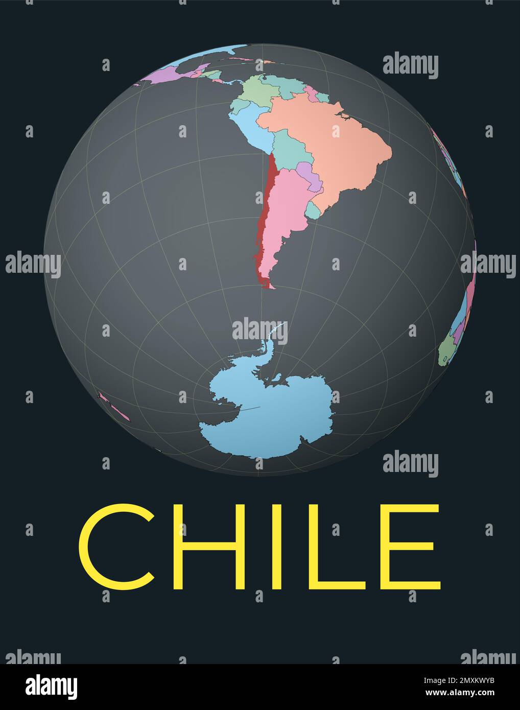 World Map Centered To Chile Red Country Highlighted Satellite World World Map Centered To Chile Red Country Highlighted Satellite World View Centered To Country With Name Vector Illustration 2MXKWYB
