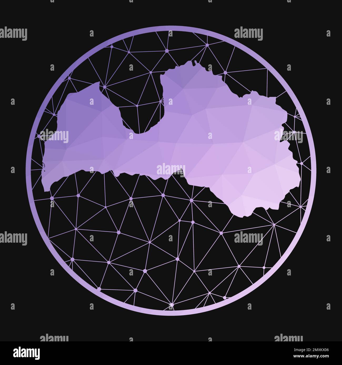 Latvia icon. Vector polygonal map of the country. Latvia icon in geometric style. The country map with purple low poly gradient on dark background. Stock Vector