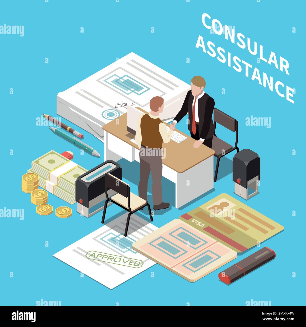 Consular assistance isometric composition with diplomat helping tourist with foreign country travel document vector illustration Stock Vector