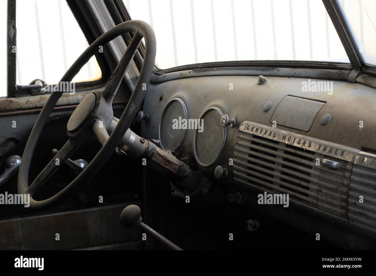 The original interior cab of an old General Motors truck. Stock Photo
