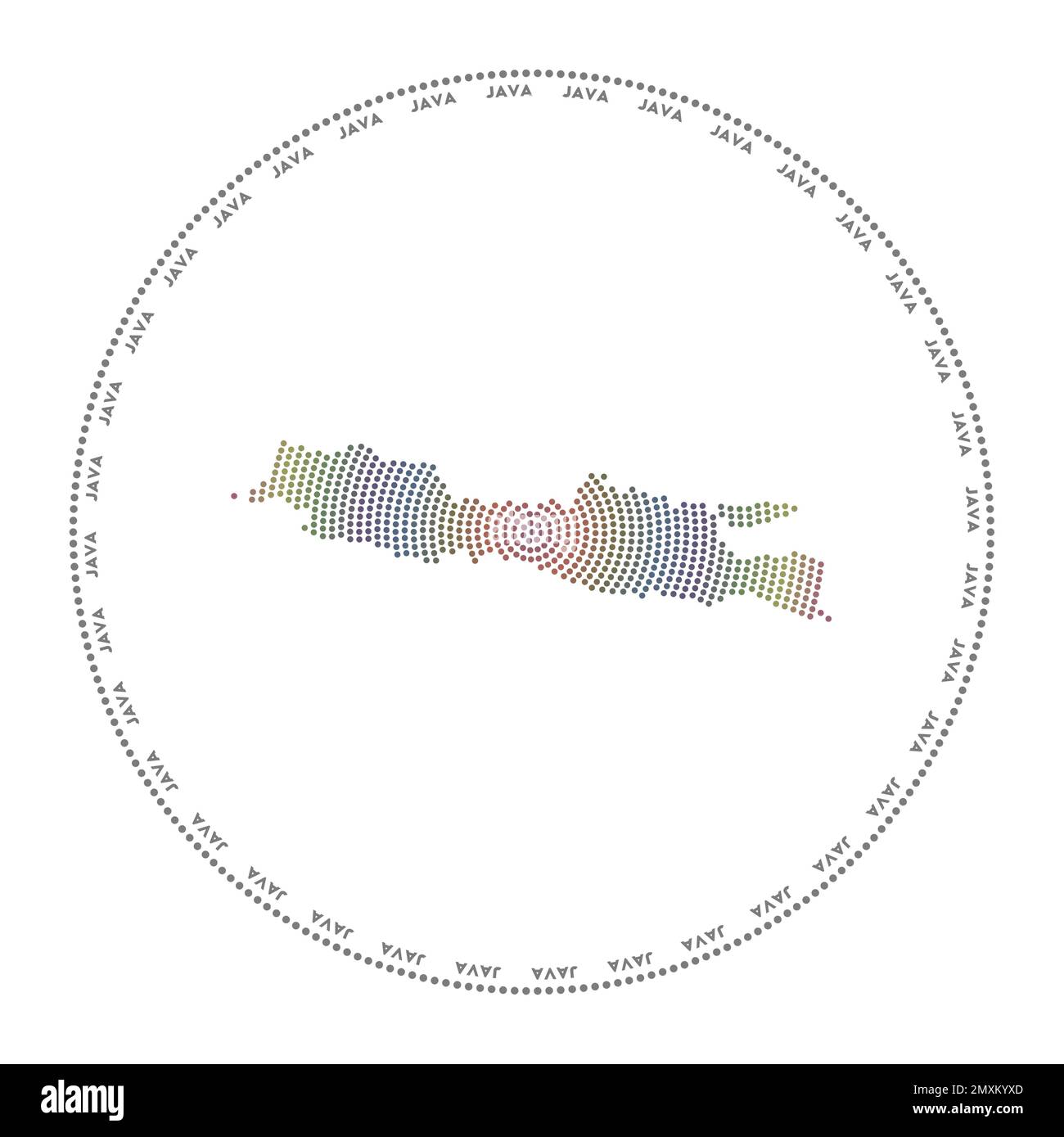 Java round logo. Digital style shape of Java in dotted circle with island name. Tech icon of the island with gradiented dots. Stock Vector