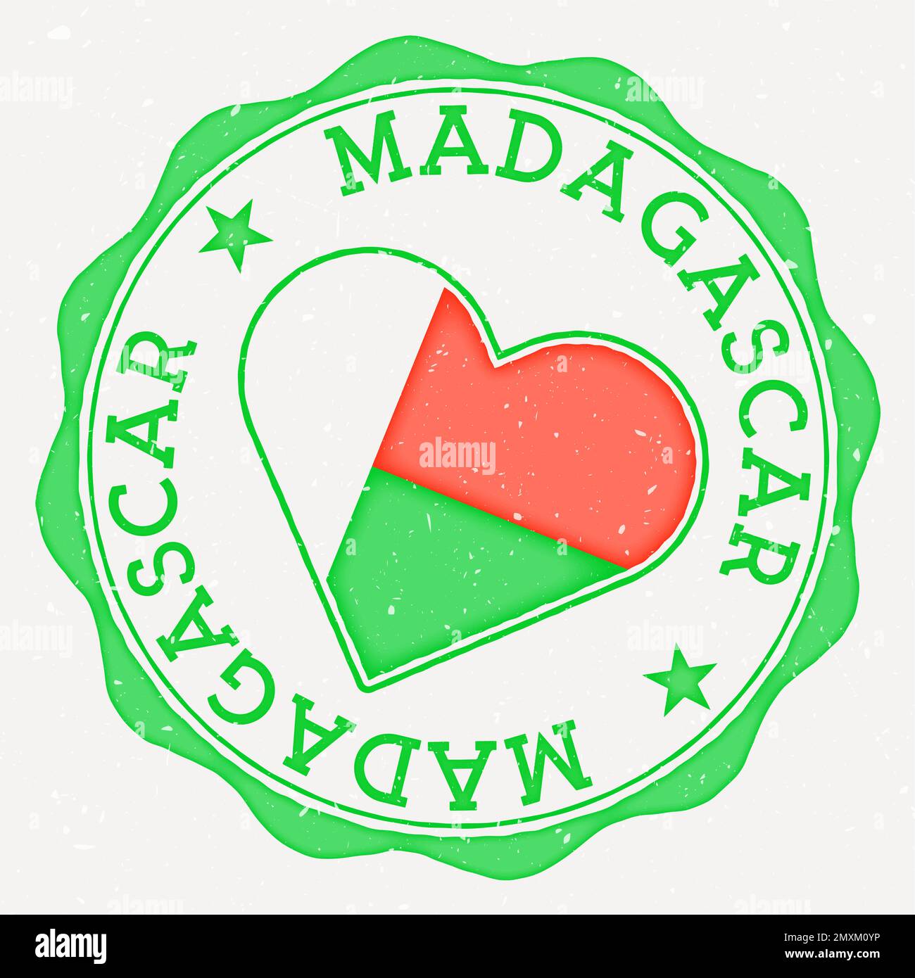 Madagascar heart flag logo. Country name text around Madagascar flag in a shape of heart. Radiant vector illustration. Stock Vector