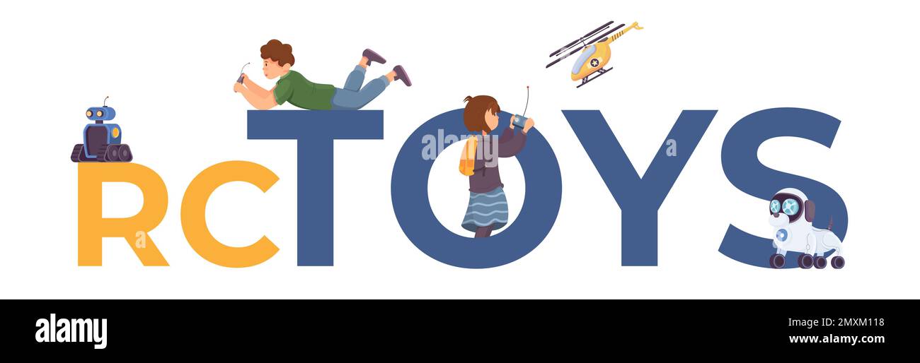 Flat remote controlled toys text with blue and yellow letters boy and girl controlling robot helicopter dog vector illustration Stock Vector