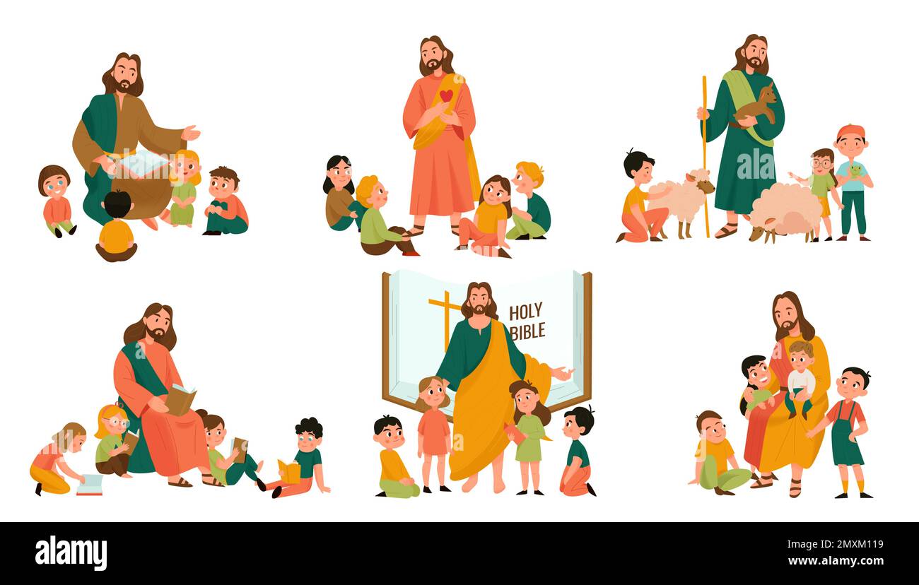 Jesus Christ and kids set with Bible flat isolated vector illustration