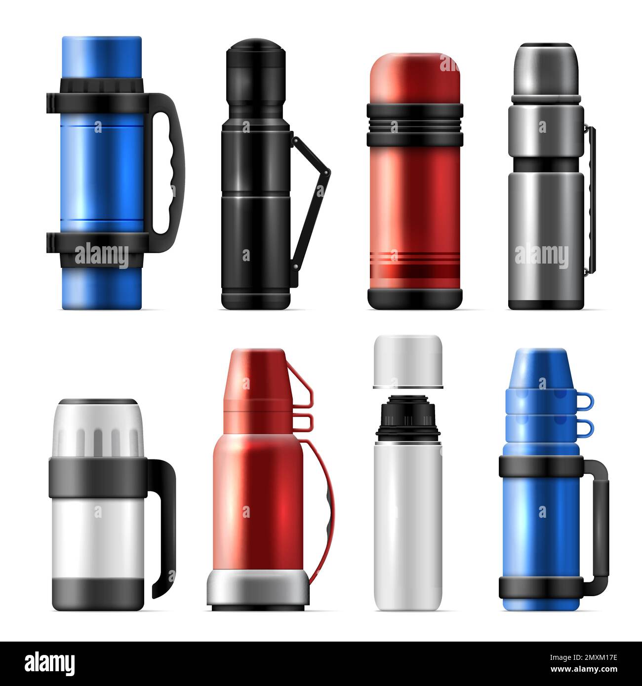 Realistic thermos icon set stylish urban hiking thermoses in different
