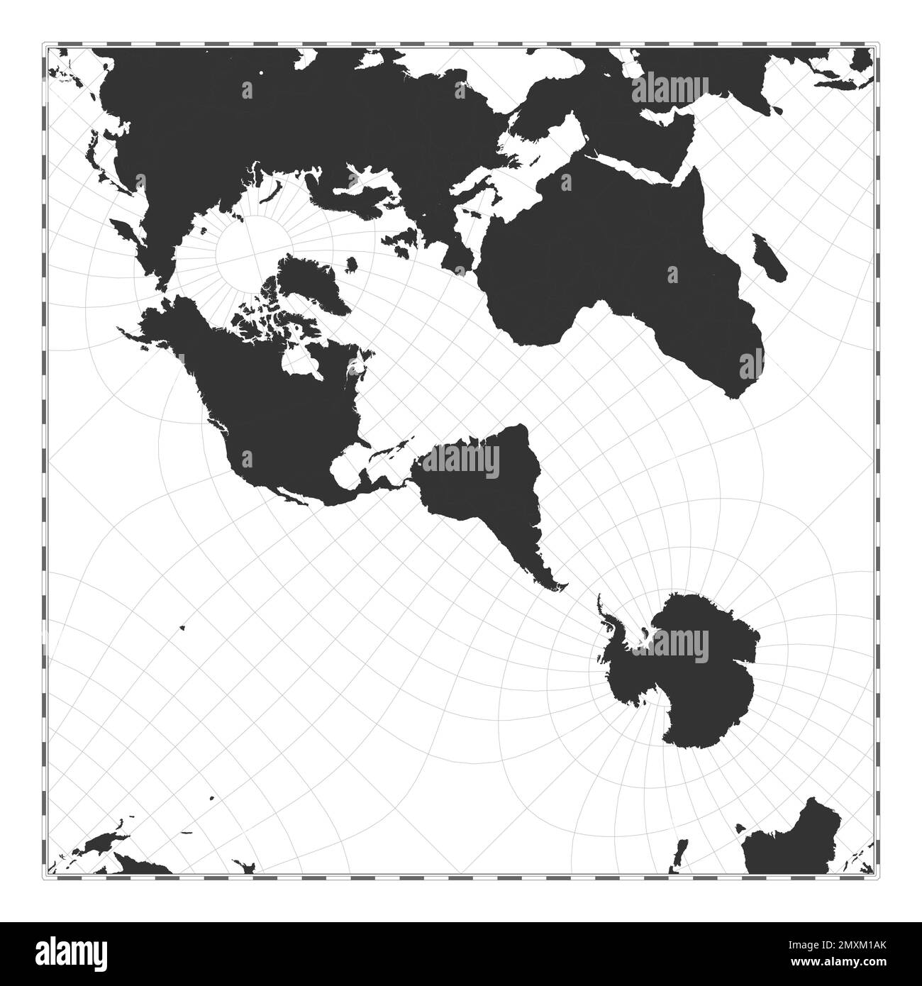 Vector world map. Peirce quincuncial projection. Plain world geographical map with latitude and longitude lines. Centered to 60deg E longitude. Vector Stock Vector