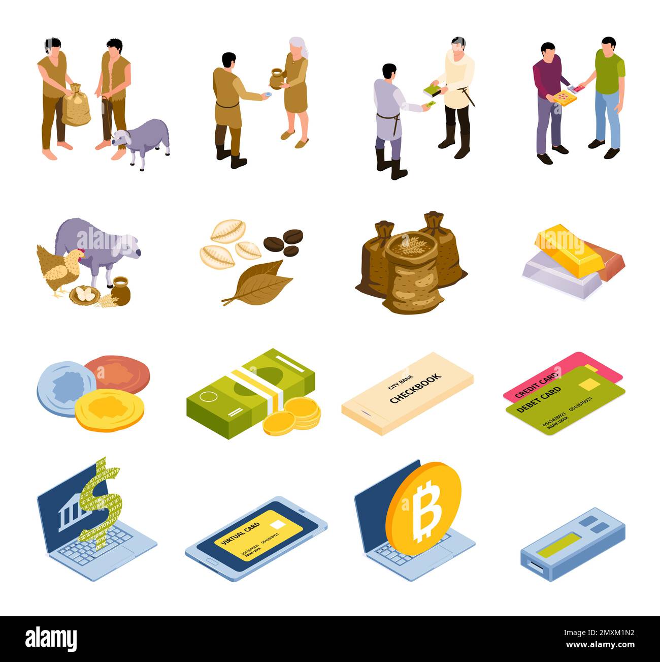 Evolution of money from goods barter to modern paper banknote and electronic bitcoins isometric set isolated vector illustration Stock Vector