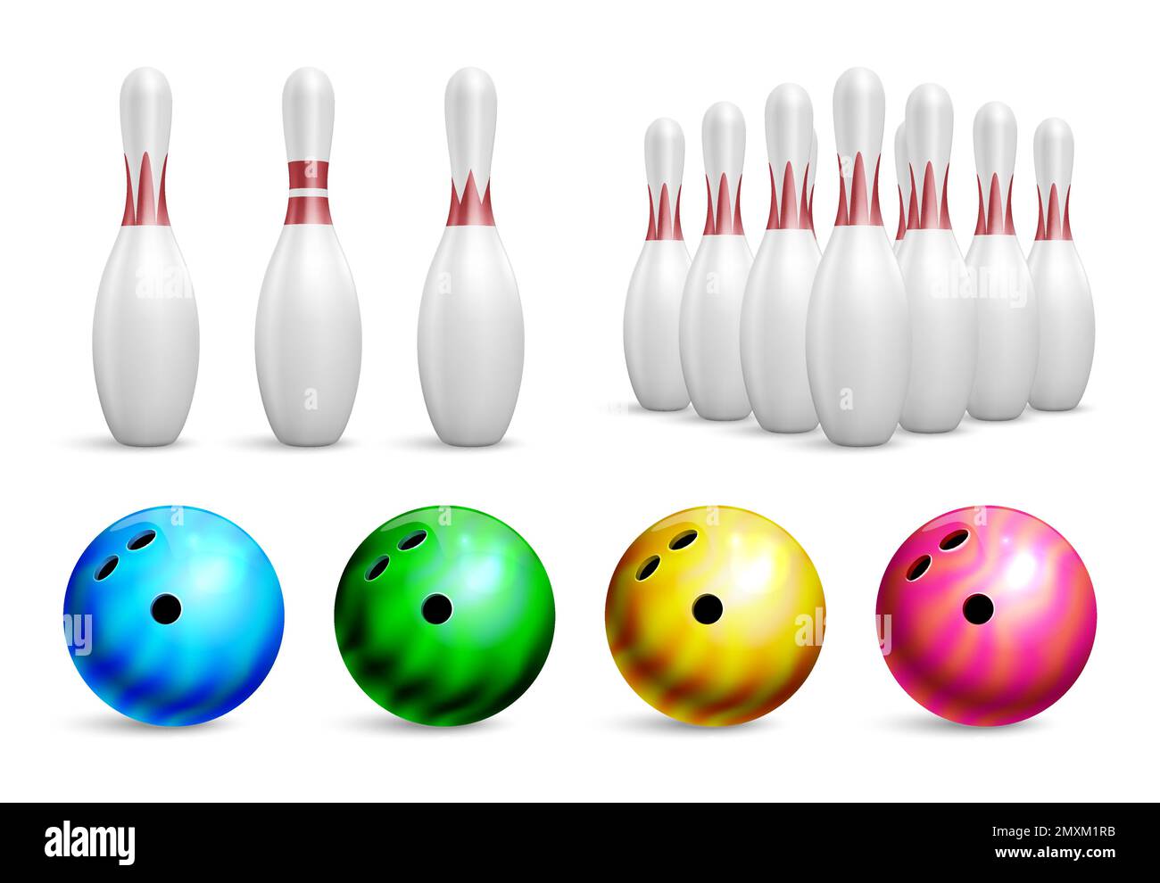 Realistic ball bowling icon set pins in groups and individually different colors and weights