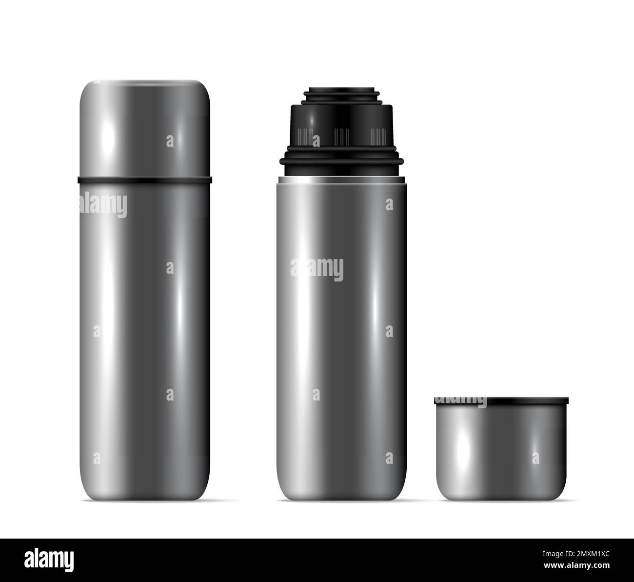 Realistic isolated thermos flask cup composition silver metal closed