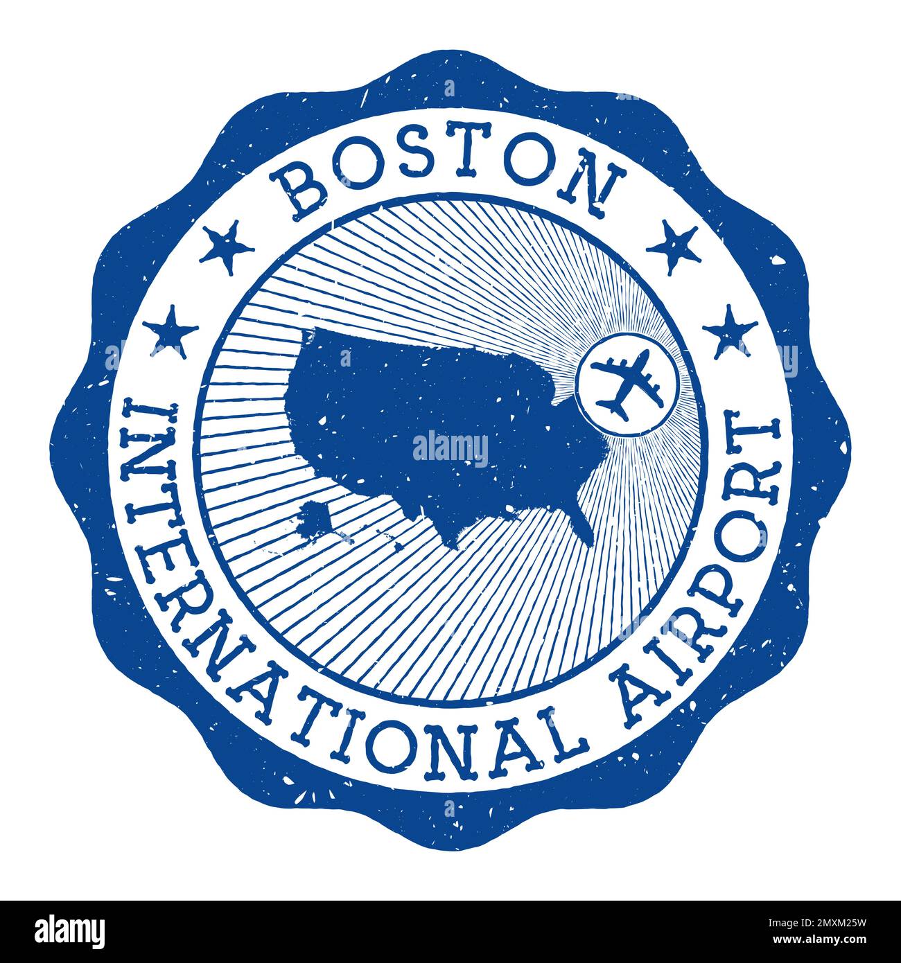 Boston International Airport stamp. Airport of Boston round logo with location on United States map marked by airplane. Vector illustration. Stock Vector
