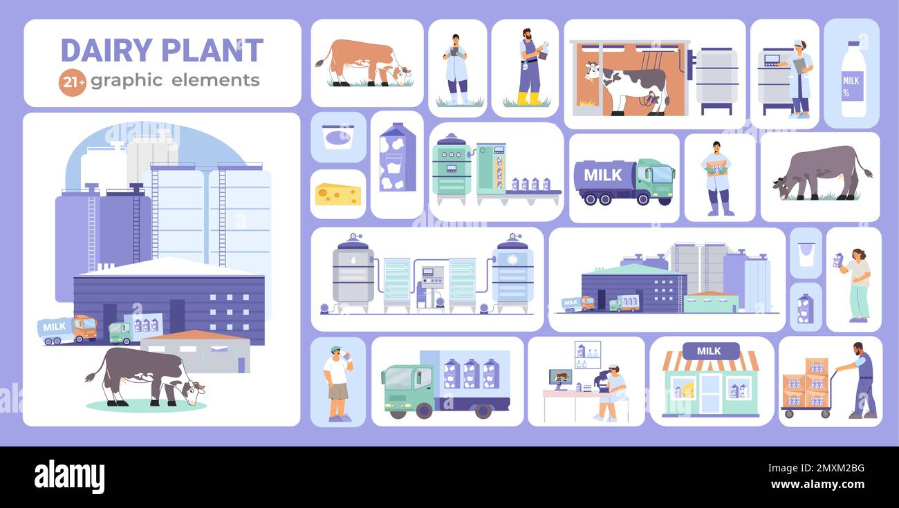 Dairy plant flat compositions set with text and cows with workers and