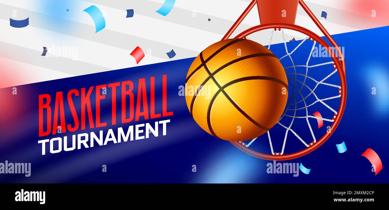 Realistic sport basketball poster with big headline a ball falling into