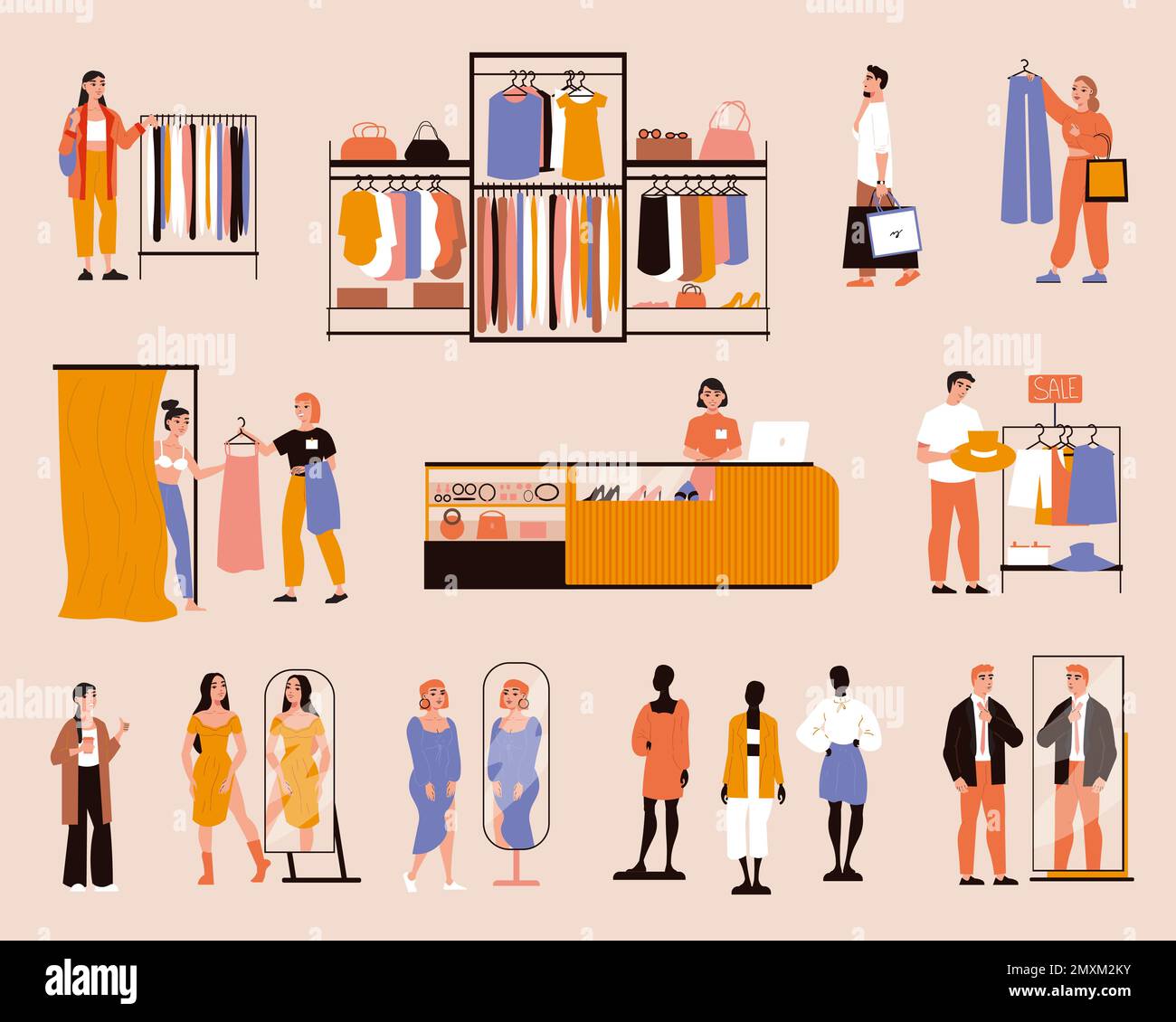 Fashionable boutique color set with clothes flat isolated vector ...