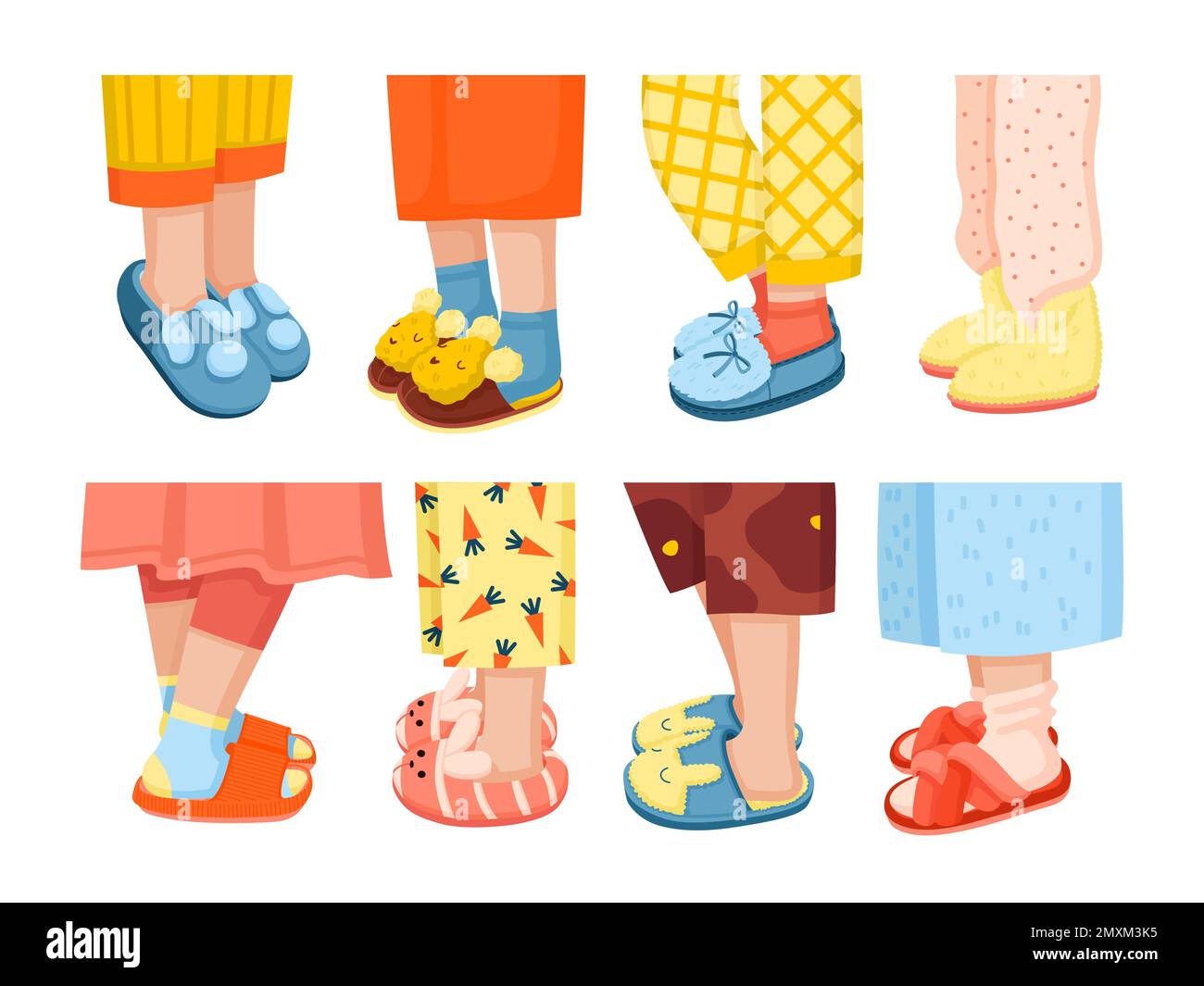Flat set of human legs wearing colourful soft house slippers and pyjamas isolated vector illustration Stock Vector