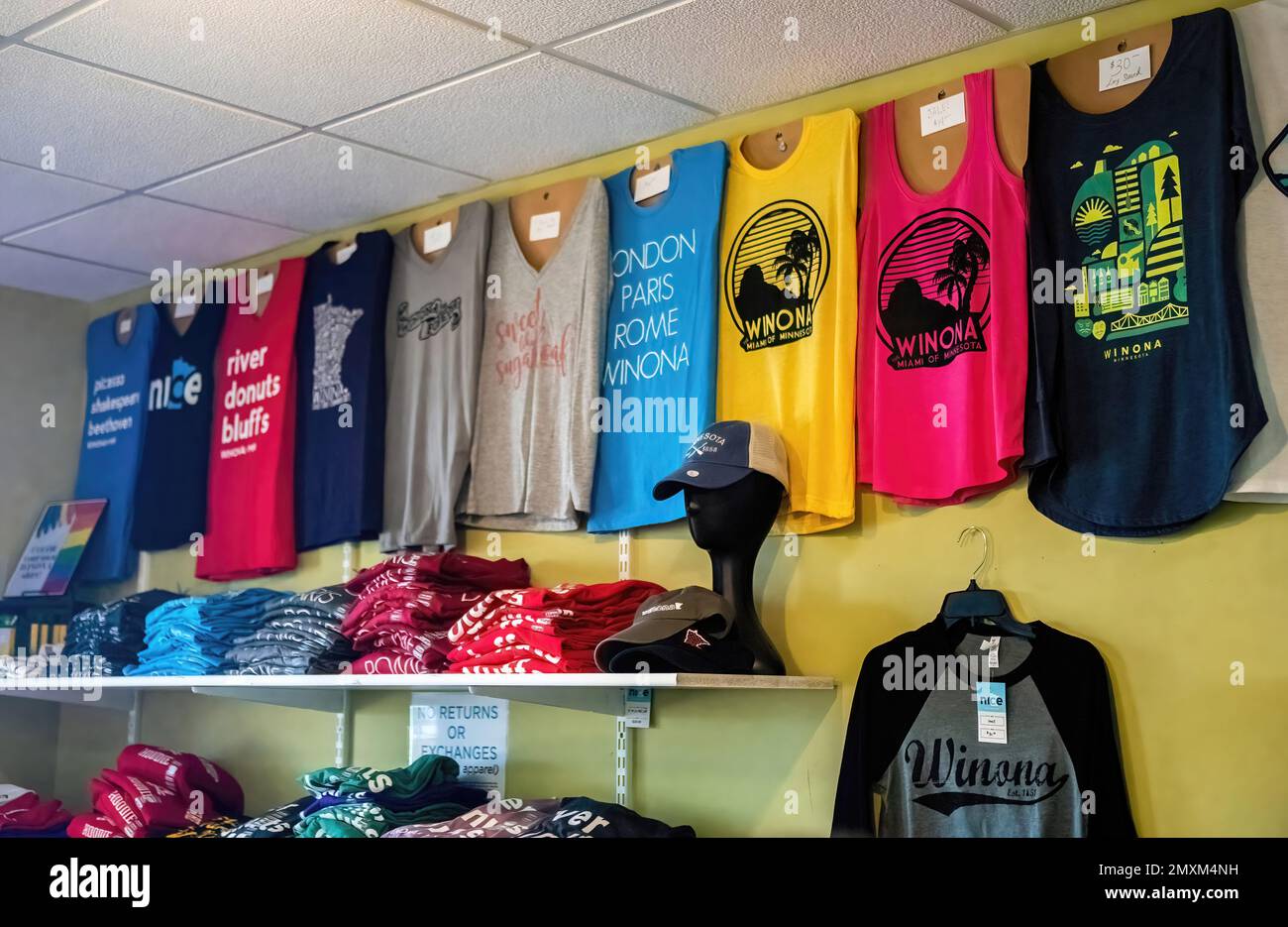 Colorful row and shelves of Tshirts for sale at the Winona Visitor