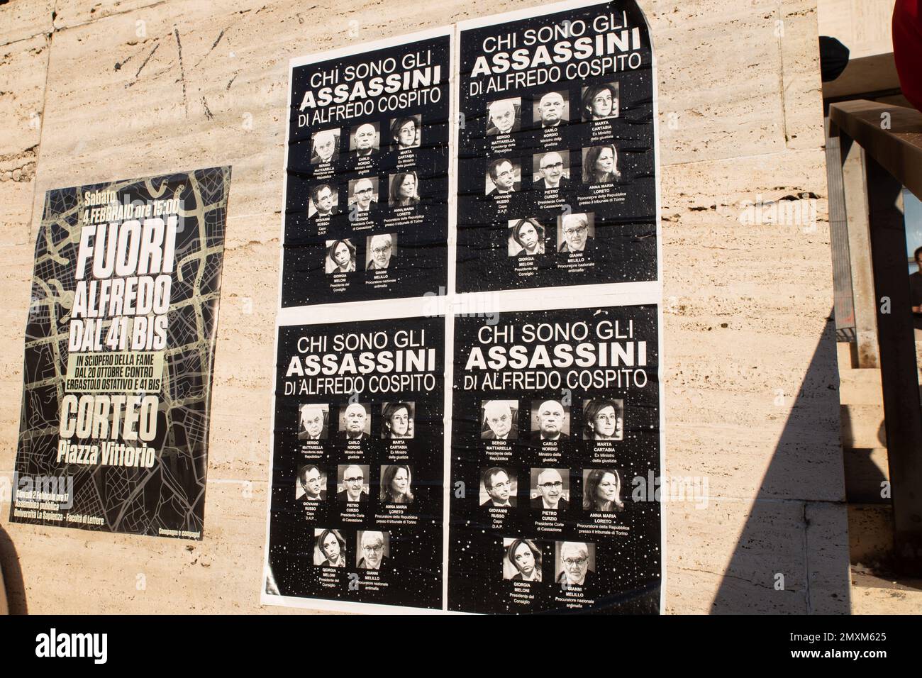 Rome, Italy. 03rd Feb, 2023. Posters in solidarity with anarchist Alfredo Cospito posted at the entrance to the Faculty of Letters of 'La Sapienza' University of Rome, on 3 February 2023 (Photo by Matteo Nardone/Pacific Press) Credit: Pacific Press Media Production Corp./Alamy Live News Stock Photo