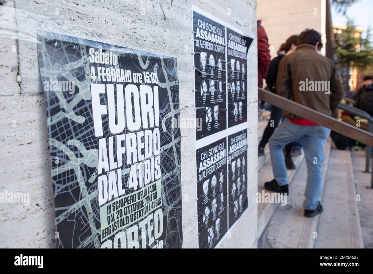 Rome, Italy. 03rd Feb, 2023. Posters in solidarity with anarchist Alfredo Cospito posted at the entrance to the Faculty of Letters of 'La Sapienza' University of Rome, on 3 February 2023 (Photo by Matteo Nardone/Pacific Press) Credit: Pacific Press Media Production Corp./Alamy Live News Stock Photo