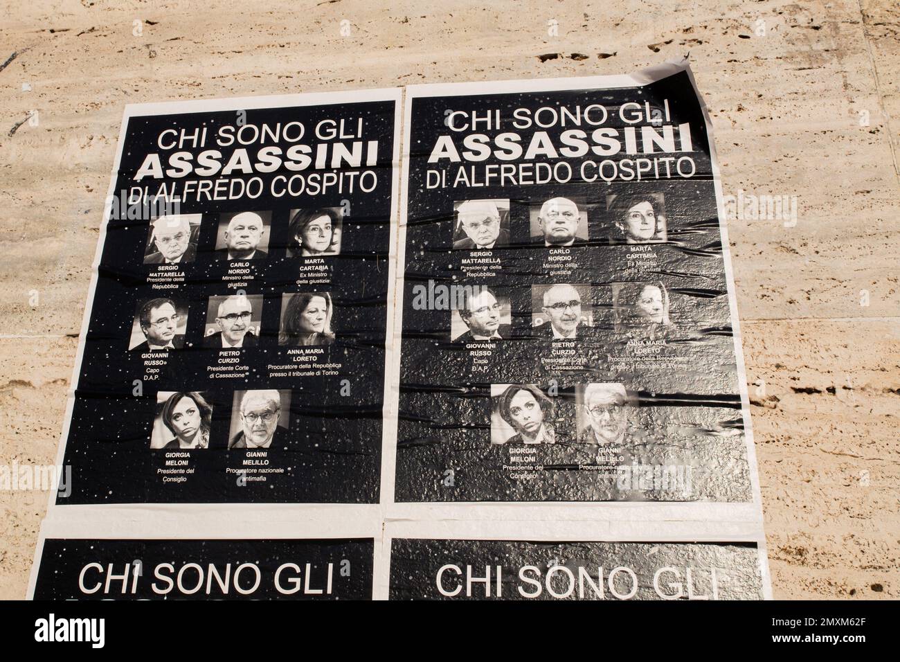 Rome, Italy. 03rd Feb, 2023. Posters in solidarity with anarchist Alfredo Cospito posted at the entrance to the Faculty of Letters of 'La Sapienza' University of Rome, on 3 February 2023 (Photo by Matteo Nardone/Pacific Press) Credit: Pacific Press Media Production Corp./Alamy Live News Stock Photo